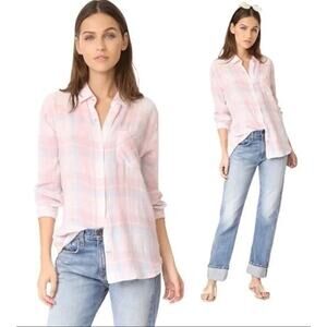 Rails Women's Charli Button Down Linen Blend Shirt Verona Pink Blue White Plaid